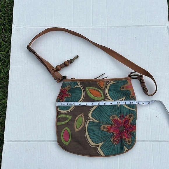 Fossil-boho Crossbody, authentic flower handbag, leather canvas purse adjustable - Picture 10 of 12